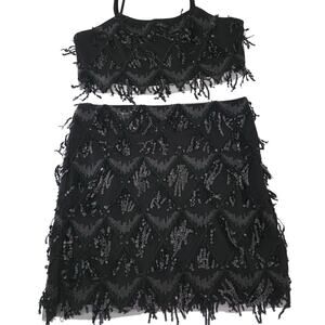 Sincerely Jules Black Sequin and Tassel Crop Top and Mini Skirt Set Size Small